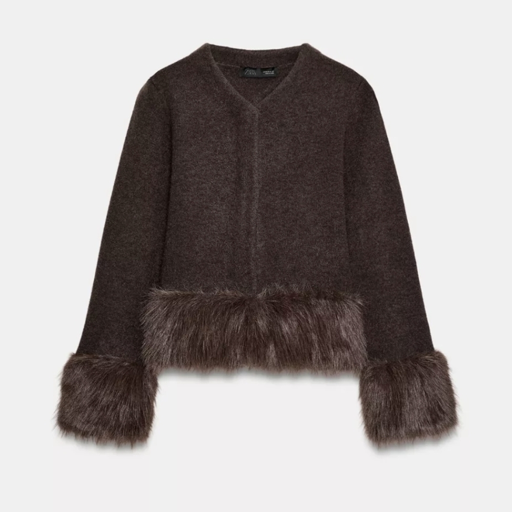 Zara FAUX FUR TRIM KNIT CARDIGAN